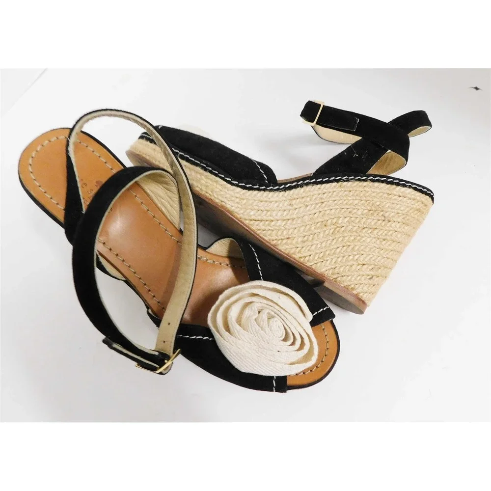 Kate Spade Britt Black‎ Nubuck Rosette Espadrille Wedge Heels 8.5 M